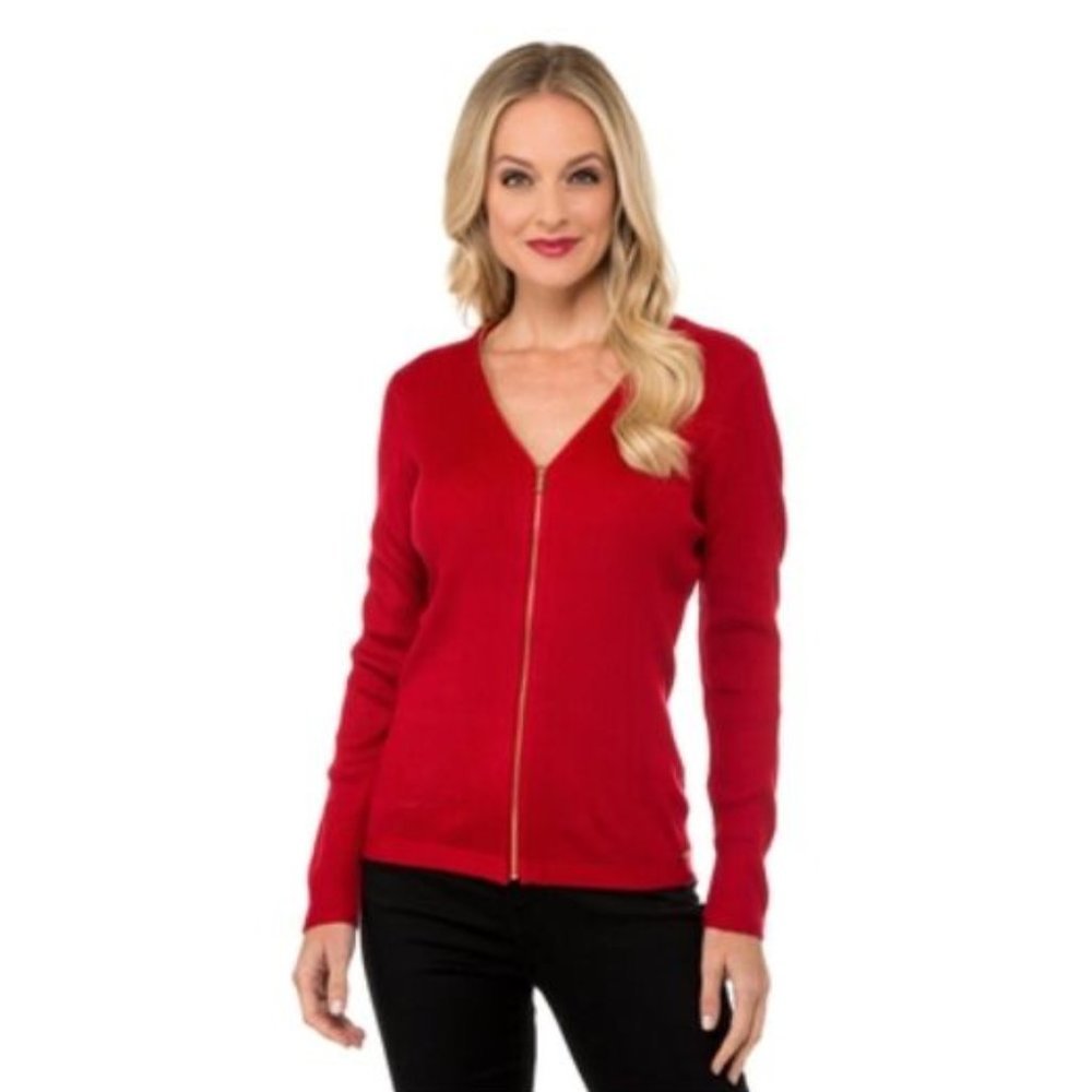 083 CALVIN KLEIN Red Ribbed Knit V-Neck Zip Front Cardigan Sweater sz S Women's - Picture 13 of 13